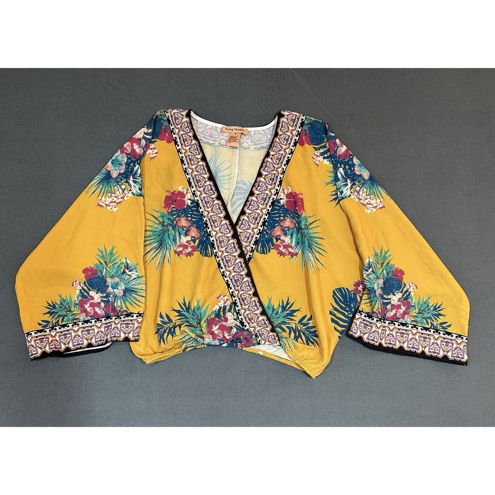 Flying Tomato Faux Wrap Crop Top Floral Kimono Sleeve V-Neck Boho Size S